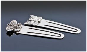 Two Silver Bookmarks, Both With Butterfly Finials.