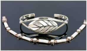 Silver Bangle And Bracelet, Both Set With Mother Of Pearl Coloured Stone. Stamped 925