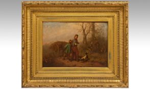 Ferdinand Marohn, Dutch Painter.  Active 1839-1859 `A Woodland Path with Faggot Gatherers and dog