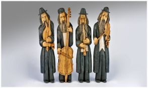 Vintage Carved Wooden and Hand Finished Figurine of a Band of 4 Jewish Musicians Playing Various