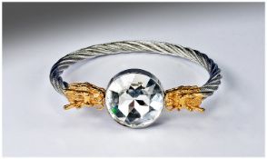 Austrian Crystal Dragon`s Head Bangle, torque style twisted white metal bracelet with gilt Oriental