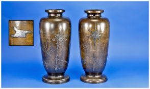 Japanese Pair Of Bronze Vases, Overlaid In Silver Images. Meji period. Each 12`` in height. Some of