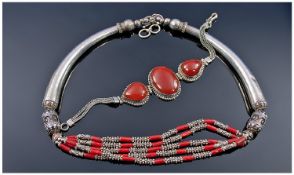Balinese/Indian Silver and Coral Necklace, five strands of alternating dark red coral tube beads