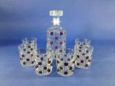 Mid 20th Century Glass Decanter Set, comprising square decanter with red square decoration, with