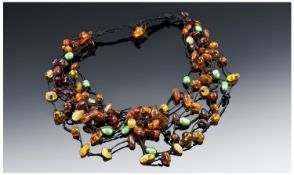 Natural Amber and Freshwater Pearl Multistrand Necklace, golden yellow to honey colour amber