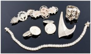 Collection Of Silver Jewellery Comprising Modernist Silver Brooch Marked Sterling Handarb, Skull