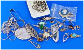 Collection Of Silver And Costume Jewellery, Comprising Brooches, Fobs, Locket, Earrings, Pendants,