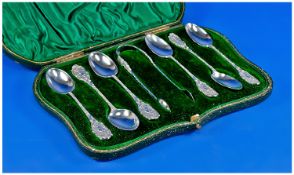 Victorian Fine Silver Set of Six Ornate Spoons With Matching  Sugar Tongs With Cherubs Figural