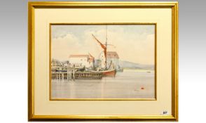 John Harvey 1935- `Woodbridge Jetty, Suffolk` Watercolour Signed Mounted and Framed behind glass.