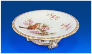 Royal Worcester Low Dessert Comport, the shallow dish having a large hand painted scene of a bird
