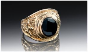 9ct Gold College Style Ring, Set With A Black Onyx, Engraved Decoration And Dated 1961, Fully