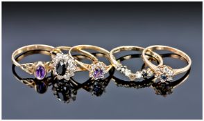 Five 9ct Gold Dress Rings, Set With Coloured Stones, All Fully Hallmarked.