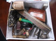 Box of Assorted Collectables including horn handled cane, magnifying glass, ruler, rivet punch,