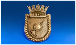 Brass Naval Plaque Marked ``Defender`` Height 11 Inches.