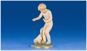 Royal Dux Art Deco Figure of a naked girl feeding a chicken. Model number 3349. Applied Bohemia