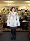 Maltese White Fox Jacket with black coffee tips, mandarin collar, slit pockets, clip hook