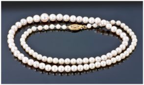 Single Strand Cultured Pearl Graduating Necklace, Length 17 Inches. 10ct Gold Clasp.