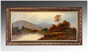Trent, British Late 19th/Early 20th Century. Lake District Panorama, Autumn. 16x38`` oil on board.