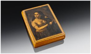 A Rare Scottish Mauchline Ware Antique Souvenir Treen Snuff Box depicting a young girl combing her