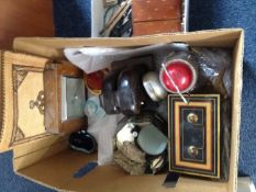 Box of Assorted Collectables including metal cash box, elephant book ends, clock, paperweights,