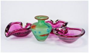 Three Murano Style Ruby Coloured Glass Bowls, Together With A Mdina Glass Vase.