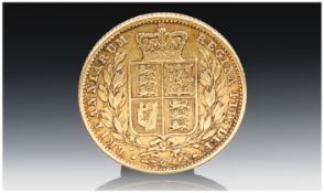 Victorian 22ct Gold Young Head/Shield Back Full Sovereign. Date 1854, London mint.