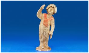 A Chinese Earthenware Tang `fat lady` Sleeve Dancer, with original pigment remaining. Probably