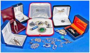 Collection Of Silver Jewellery Comprising Pendants, Fobs, Bracelets, Brooches etc
