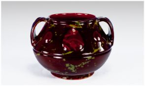 Royal Doulton Fine Flambe Two Handled Heart Bulbous Vase c 1920`s with lustre ruby cultured hearts.