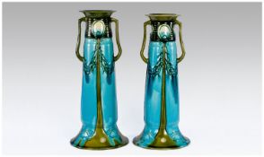 Mintons Pair Of Two Handled Secessionist No.1 Vases. Turquoise colourway. c.1890`s. Professional