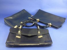 Two Navy Blue and One Black Leather Handbags all with double carry handles and gilt fittings (3)