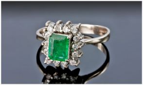 18ct White Gold Emerald And Diamond Ring, Central Emerald Surrounded By 14 Round Cut Diamonds,