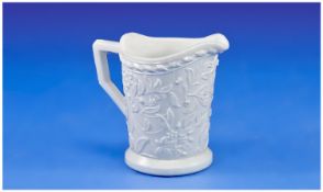Sowerby Style White Pressed Glass Cream Jug with leaf and blossom pattern in low relief; 3.5 inches