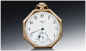 Waltham Open Faced Pocket Watch White Porcelain Dial With Arabic Numerals, Octagon Shaped Gold