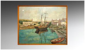 Moi Parry Welsh Artist Modern School Coastal Scene, Boat in dock, houses/buildings on bank.
