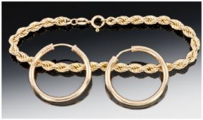 Ladies 9 Carat Gold Rope Twist Bracelet. Plus a 9 carat gold pair of hoop earrings. Both items are