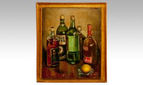 Framed Oil, Still Life. Beer Bottles On Table. Signed lower right, 15.5x18.5``
