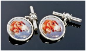 Gents Silver Cufflinks, The Circular Fronts With Images Of Dogs, Chain Fittings. Stamped 925.