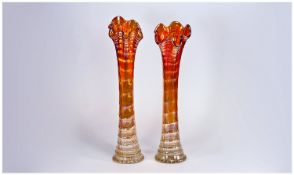 Vintage Fine Pair Of Tall Cardinal Art Glass Vases, orange lustre colourway with tapered and fluted
