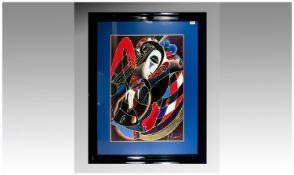 Large Contemporary Framed Decorative Abstract Pierrot Coloured Print. Black frame. 45 by 35 inches.