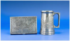 Pewter Tankard with Oriental dragon decoration together with jewellery box with two compartments