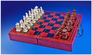 Oriental Style Chess Set, Complete In Fitted Chess Board. Brass Handles And Mounts.