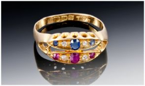 Edwardian Ladies 18ct Gold Diamond, Ruby & Sapphire Dress Ring. Fully hallmarked for Birmingham