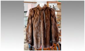 Warm Mid Brown Mink Jacket, hollow mandarin collar with brown leather string tie, edge-to-edge hook