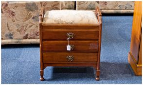 Mahogany Piano Stool, circa 1915, with padded seat, fitted with three manuscript drawers below,