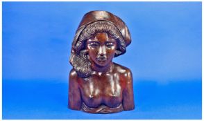 Balinese Hand Crafted Hardwood Bust Of A Semi-Clad Young Woman. Klunghung marked to base. 12.5`` in