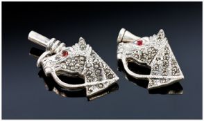 Equestrian Interest, Pair Of Silver Cufflinks Modelled In The Form Of Horses Heads Set With