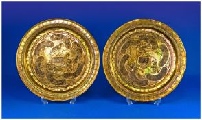 A Pair of Middle Eastern ``Antique`` Brass Dishes. 12`` in diameter finely engraved with kidney