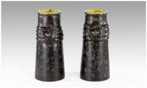 Langley Ware Pair of Vases, chimney shape, marks to base, each 8 inches high.