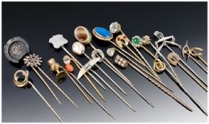 Collection Of 23 Stick Pins, To Include Two 9ct Gold, Silver, Base Metal, Set With Various